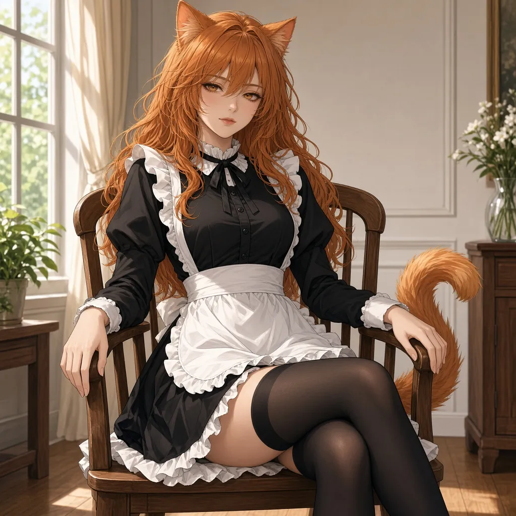 Anime maid cat with long orange hair, cat ears, and an orange tail