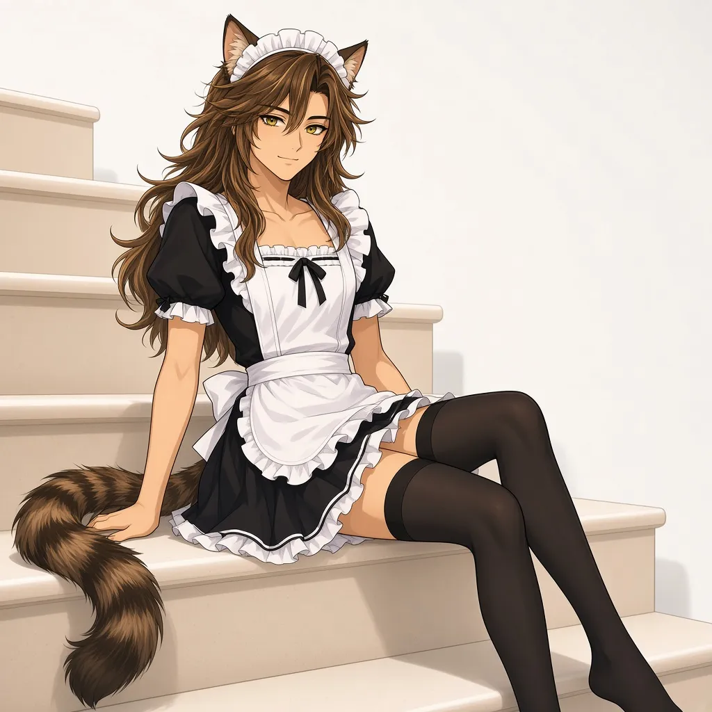 Anime maid cat with brown hair and a striped tail, sitting on pale stairs