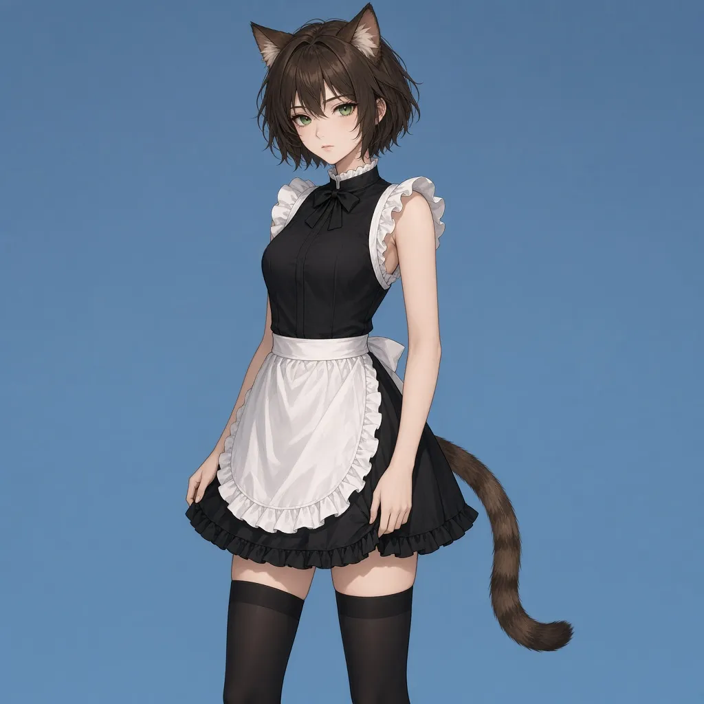 Anime maid cat with brown hair, green eyes, cat ears, and a striped tail
